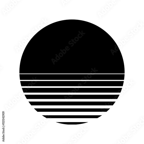 Retro sun sunset in style of 80s, 90s. Black sun with striped gradient lines isolated on white. Abstract vintage futuristic vector illustration for cyberpunk, disco, music party, games.