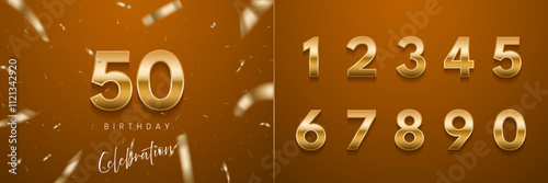 Birthday anniversary golden numbers set template with number 50. Celebration birthday vector background. Gold numbers on orange brown backdrop with confetti for party invitation, greeting card.