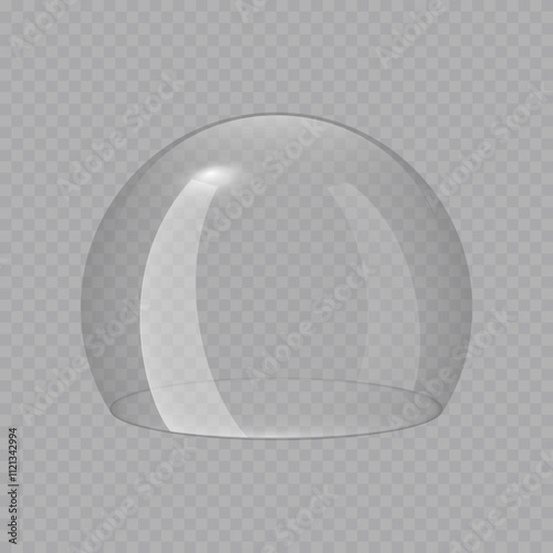 Glass dome, transparent ball, clear plastic cover. Empty glass protection case for product display. Force field shield bubble. Christmas snow globe. 3D realistic vector isolated on transparent.