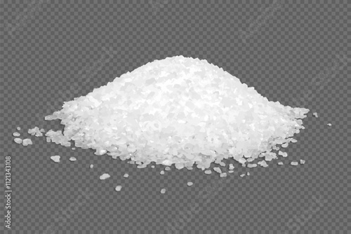 Sea salt pile isolated on transparent background. Heap of sugar on table. White grain crystals. Natural mineral for cooking, bath, spa. Realistic vector illustration