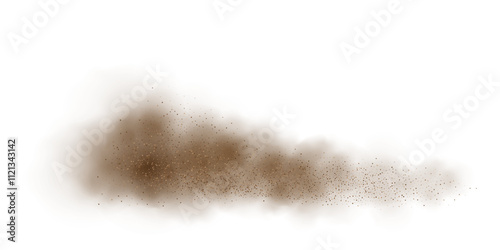 Dust of sand explosion with smoke cloud on transparent background. Desert sandstorm backdrop. Brown sandstorm splash with flying particles and wind effect. Abstract vector illustration