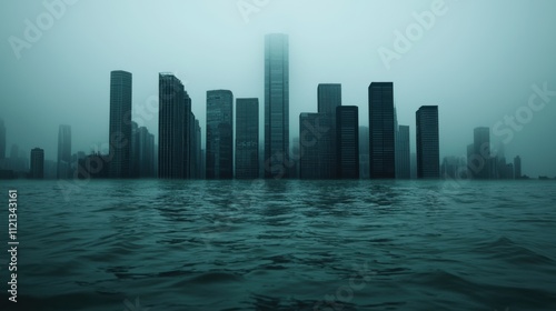 Flooded city skyline under foggy sky symbolizing climate change