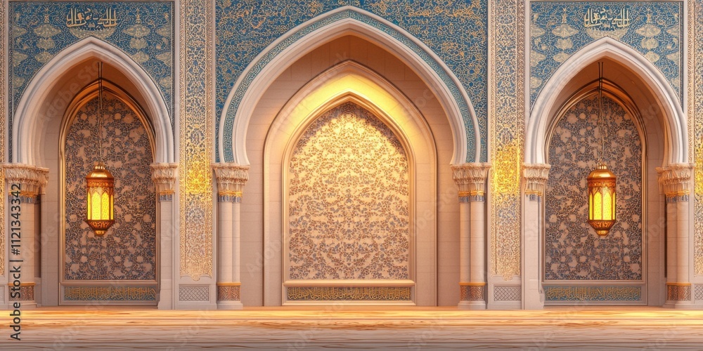 Serene Islamic Architecture: Intricate Arabesque Design and Warm Lighting in a Mosque Interior Serene Islamic Architecture: Intricate Arabesque Design and Warm Lighting in a Mosque Interior