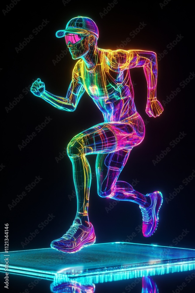 A vibrant, futuristic male runner in neon colors, showcasing athleticism and energy in a digital world. A vibrant, futuristic male runner in neon colors, showcasing athleticism and energy in a digital world.