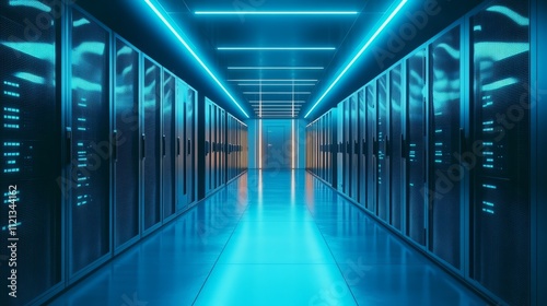 A clean, high-tech server room with rows of sleek server cabinets, the cool blue glow of status lights reflecting off the floor, surrounded by coiled data cables and control units