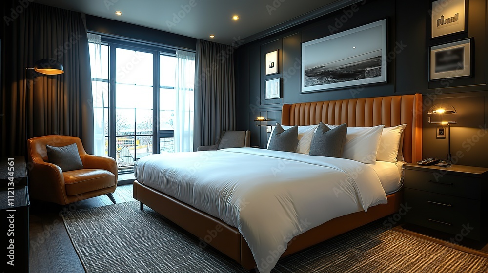 A modern hotel room with a king-size bed, white sheets, and grey pillows exudes luxury and comfort, inviting relaxation and restful sleep A modern hotel room with a king-size bed, white sheets, and grey pillows exudes luxury and comfort, inviting relaxation and restful sleep