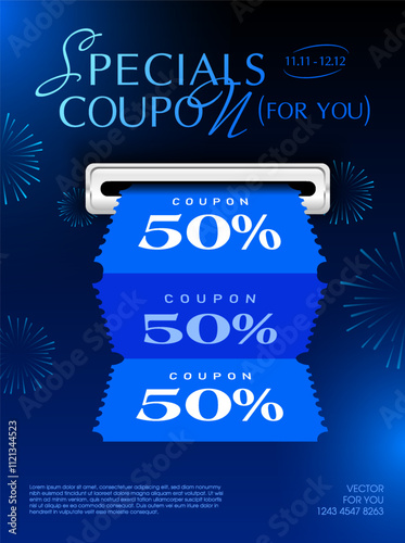 3d stack of coupons is being printed from a slot, isolated on dark background with firework effect. Printing gift voucher banner template in 3d vector. Vector illustration
