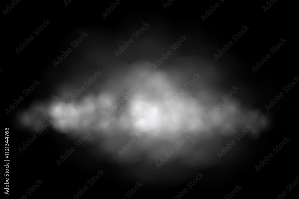 White fog or smoke cloud on black background. Realistic smoke effect vector illustration. Smoky mist, toxic vapor, meteorological phenomenon, condensation over land or water surface.