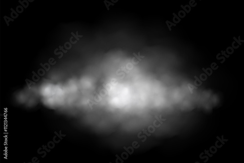 White fog or smoke cloud on black background. Realistic smoke effect vector illustration. Smoky mist, toxic vapor, meteorological phenomenon, condensation over land or water surface.
