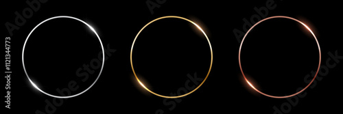 Gold, silver and bronze circle thin frames. Blank metal ring, button, stamp, emblem, sticker, label. First, second and third place medals isolated on black background. Abstract vector illustration set