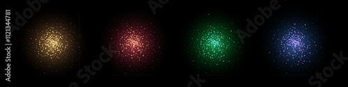 Sparkle color lights. Gold, red, green, blue glow stars isolated on black background. Sparkle glares in galaxy. Colorful flashes of light in space. Abstract vector illustration set.