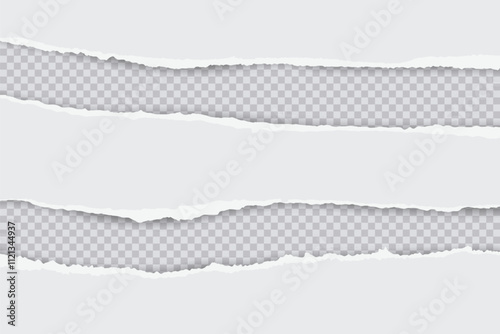 Torn white paper sheet with ripped edges on transparent background. Scrapbook edge, notebook tear, blank page split vector illustration. Damaged letter, document mockup, promotion banner.