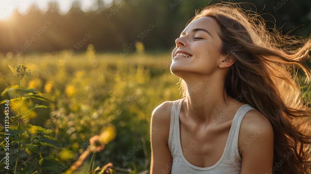 Young woman with long hair enjoying sun with closed eyes getting natural vitamin D outdoors. Peace of mind. Mindfulness, mental health, spirituality, well-being, unwind yourself Young woman with long hair enjoying sun with closed eyes getting natural vitamin D outdoors. Peace of mind. Mindfulness, mental health, spirituality, well-being, unwind yourself