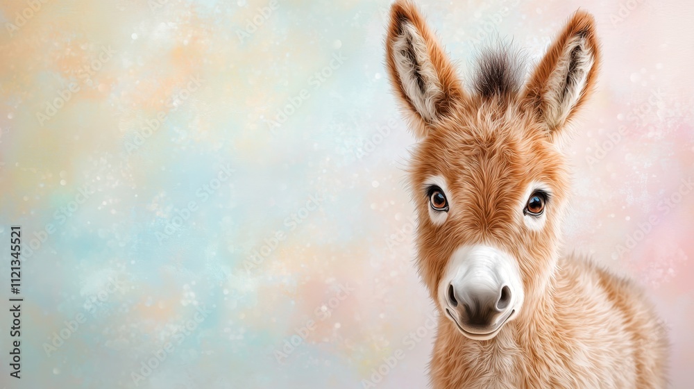 Obraz premium A charming illustration of a small donkey with big expressive eyes, fluffy fur, and playful demeanor, set against a soft pastel background that evokes a feeling of warmth and tenderness.
