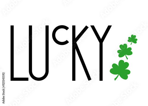 Día de San Patricio. Banner con palabra lucky en tipografía lineal alargada con silueta de grupo de treboles