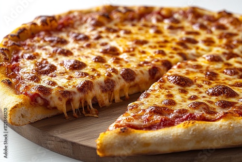 A delicious cheese pizza, freshly baked and served on a wooden board. The melted cheese is stringy and gooey, making it look extra appetizing.