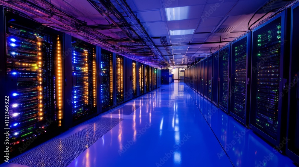 Fototapeta premium A server room with tall racks reaching towards the ceiling, each server lined with LED lights, the polished floor reflecting the glow, giving the space a high-tech, futuristic feel