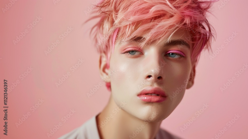 authentic person with short pink hair on a soft pink background authentic person with short pink hair on a soft pink background