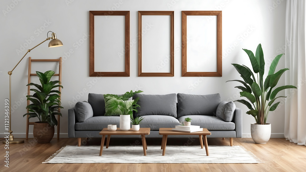 Modern living room interior and two white posters frame mock up on wall. A modern spacious interior designed. Modern living room interior and two white posters frame mock up on wall. A modern spacious interior designed.