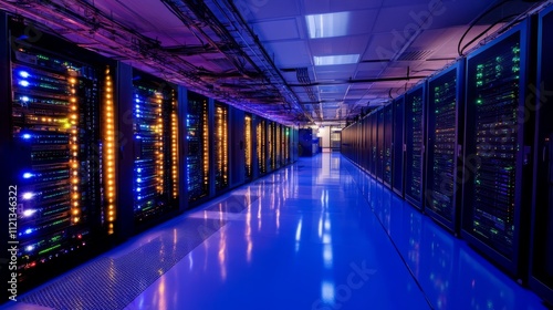 A server room with tall racks reaching towards the ceiling, each server lined with LED lights, the polished floor reflecting the glow, giving the space a high-tech, futuristic feel