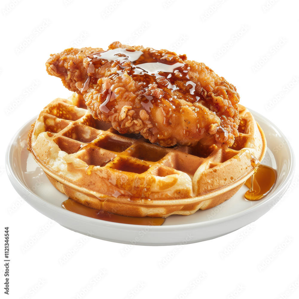 Photo of Fried Chicken and Waffle: A Southern-inspired classic, featuring a crispy fried chicken breast atop a fluffy waffle, served with spicy maple syrup Photo of Fried Chicken and Waffle: A Southern-inspired classic, featuring a crispy fried chicken breast atop a fluffy waffle, served with spicy maple syrup