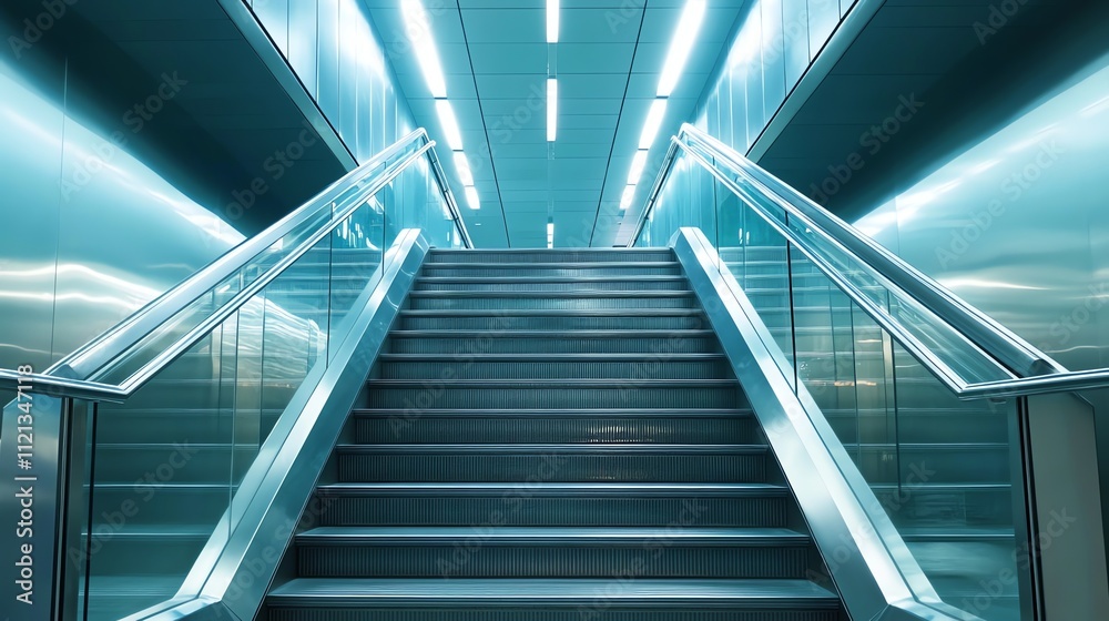 A set of modern stairs in a building, lit by blue overhead lights. A set of modern stairs in a building, lit by blue overhead lights.