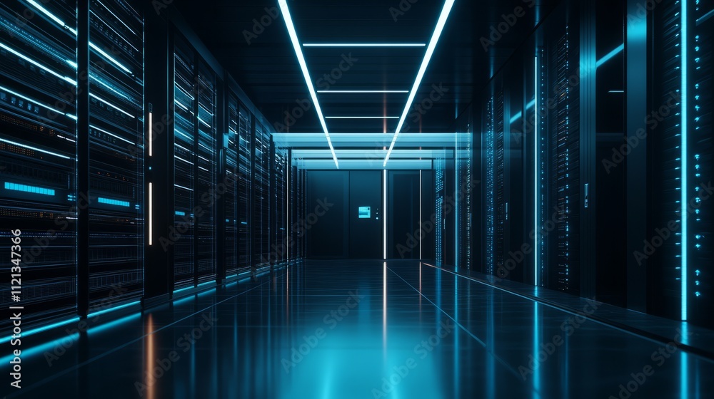 Fototapeta premium A high-tech server room with a wide array of servers aligned perfectly, sleek black racks glowing with blue lights, the reflection of the lights on the polished floor