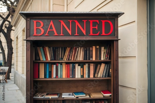 Bookshelf with banned sign in public area. Censorship and education photo