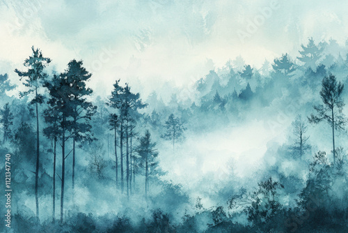 Wallpaper Mural A peaceful, foggy forest landscape with tall pine trees and a serene, misty atmosphere in shades of blue and gray. Torontodigital.ca