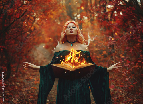 Art photo real person. Fantasy woman witch casting spell creating magic burning book soaring in air, bright flame fire. Girl elf. green long dress fly wind blow. autumn forest trees orange red leaves photo