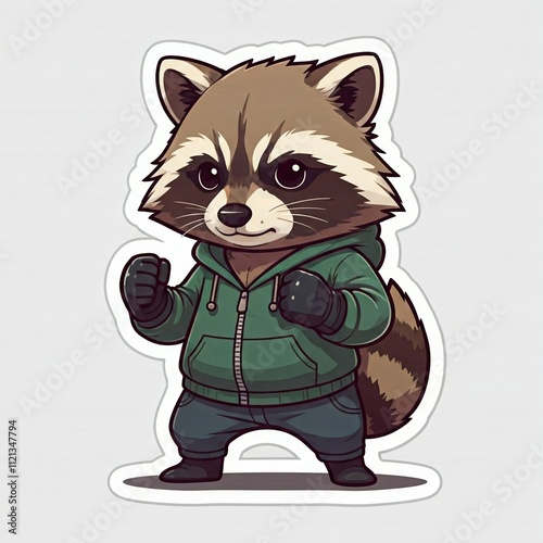 Chibi raccoon with a tough fighter stance, wearing a hoodie and gloves, thick bold lines, sticker style, white background.
 photo