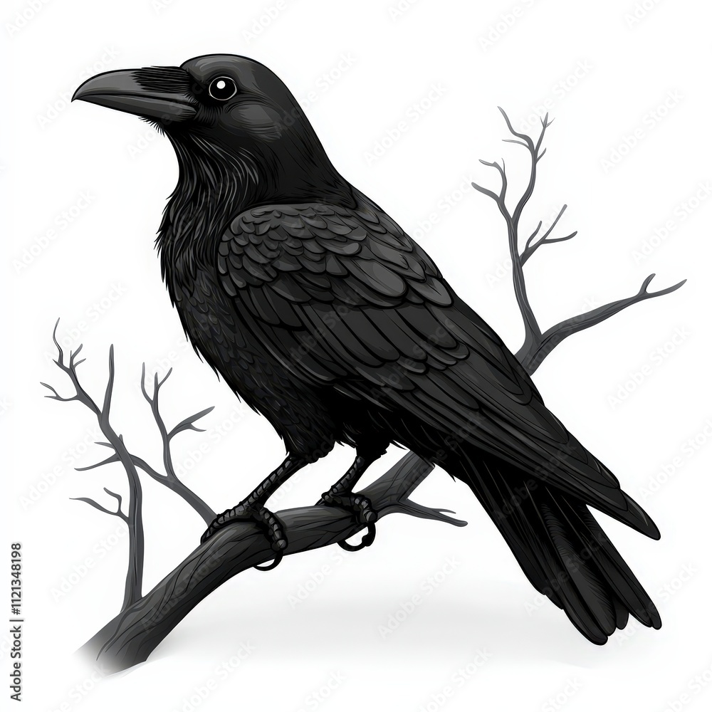 Fototapeta premium Raven perched on branch forest habitat wildlife photography natural environment close-up view
