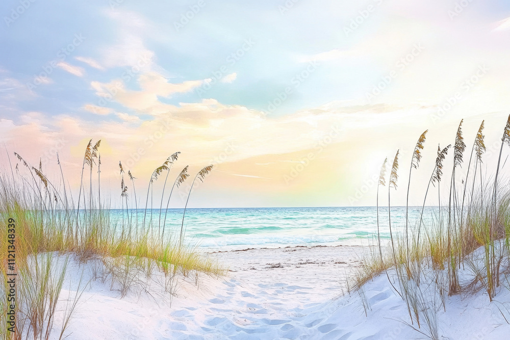 A serene coastal scene with golden sand dunes, gentle sea grass, and a tranquil ocean under a pastel sunset sky.