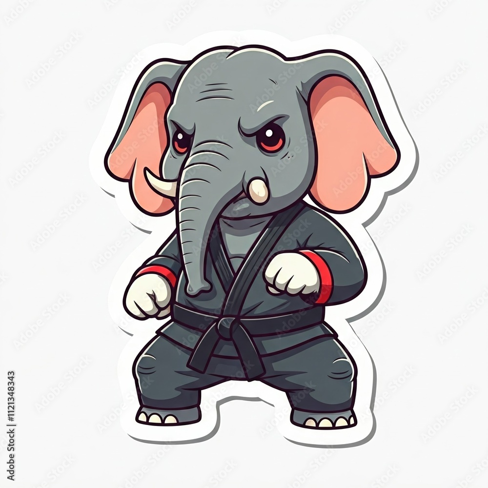Obraz premium Chibi elephant fighter in a martial arts pose, wearing a belt, thick lines, sticker style, white background. 