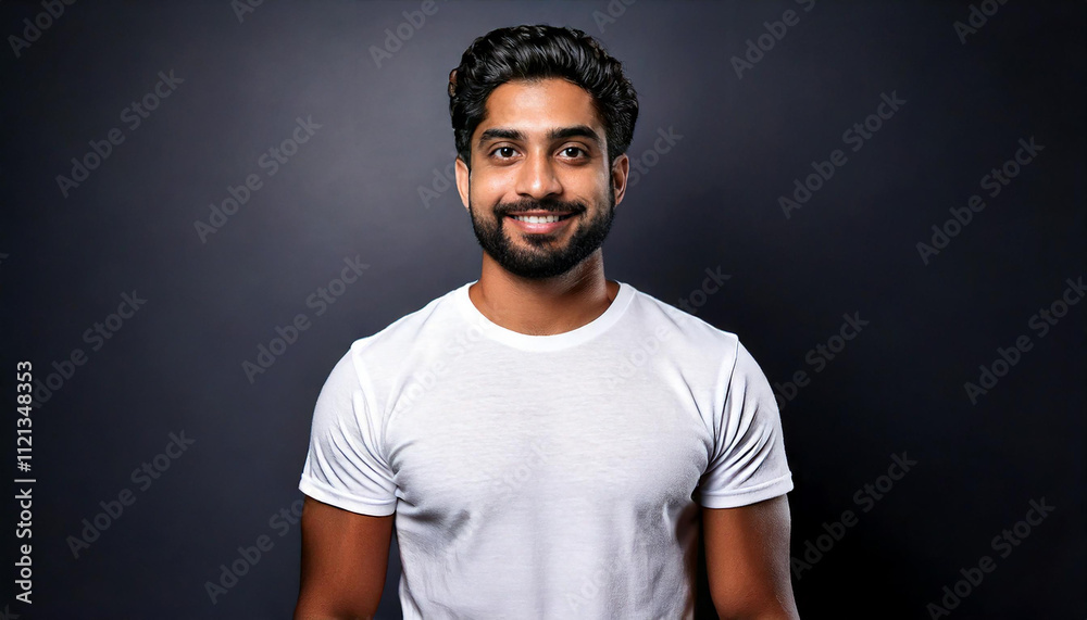 A front-facing mockup of an Indian male model in a plain white t-shirt, ideal for showcasing branding or logo designs. A front-facing mockup of an Indian male model in a plain white t-shirt, ideal for showcasing branding or logo designs.