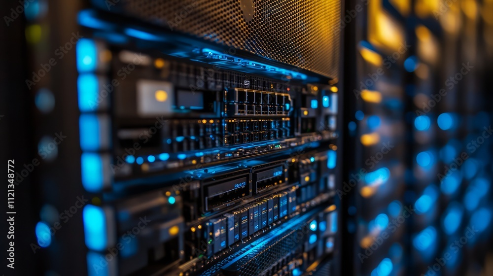 A close-up view of server hardware, exposed circuit boards and processors visible behind the mesh front of the server racks, illuminated by soft blue LED lights