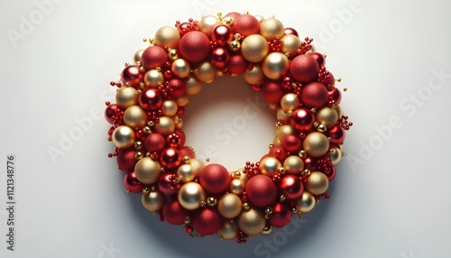 Wreath of shiny red and gold Christmas baubles arranged in a circular shape, isolated on a white background. Concept of festive decoration. 3D Rendering