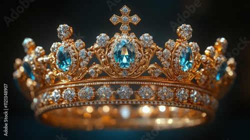 Ornate gold crown with blue gems, diamonds, and cross.