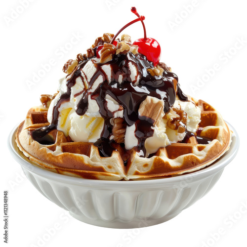 Photo of Ice Cream Sundae Waffle: A dessert waffle topped with vanilla ice cream, chocolate sauce, chopped nuts, and a maraschino cherry. photo