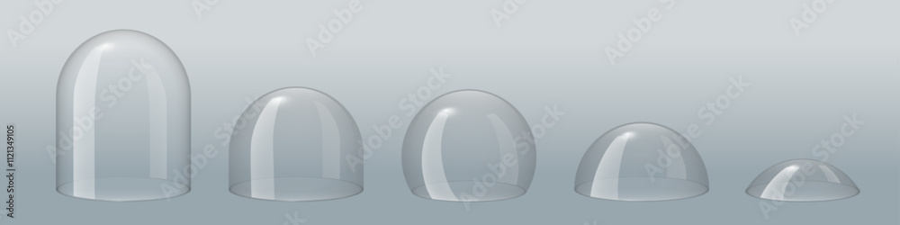 Glass dome, transparent ball, clear plastic cover. Empty glass protection cases for product display. Force field shield bubbles. Christmas snow globes. 3D realistic vector set isolated on gray.