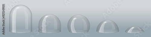 Glass dome, transparent ball, clear plastic cover. Empty glass protection cases for product display. Force field shield bubbles. Christmas snow globes. 3D realistic vector set isolated on gray.