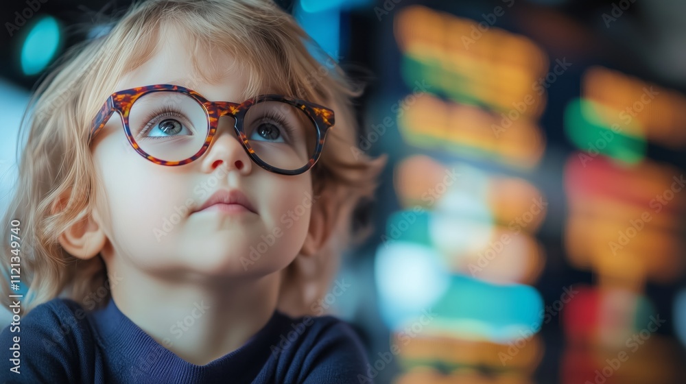 A young child with glasses looking up, surrounded by colorful lights. A young child with glasses looking up, surrounded by colorful lights.