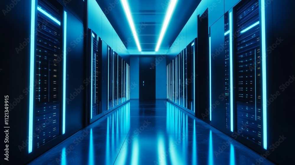Fototapeta premium A high-tech server room with a wide array of servers aligned perfectly, sleek black racks glowing with blue lights, the reflection of the lights on the polished floor