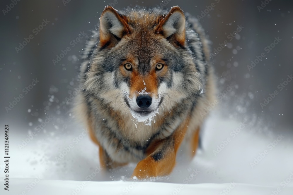 Powerful Wolf Hunting in Snowy Forest at Dusk