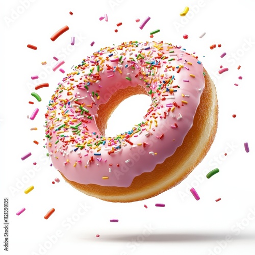 Delicious pink frosted donut floating in mid-air sweet treat studio background creative concept