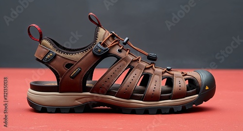 Mens brown hiking sandals with adjustable straps and durable sole red background  photo