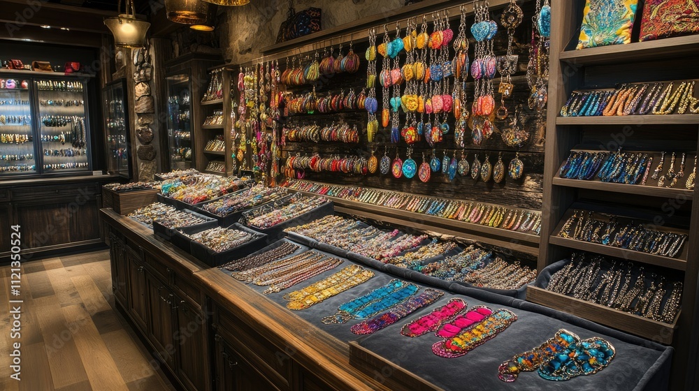 A store counter filled with charm bracelets, with each charm individually displayed on soft fabric