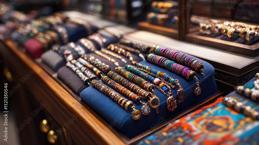 A store counter filled with charm bracelets, with each charm individually displayed on soft fabric