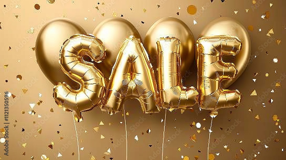 Shimmering golden background with foil balloons spelling sale for festive promotions and ads Shimmering golden background with foil balloons spelling sale for festive promotions and ads