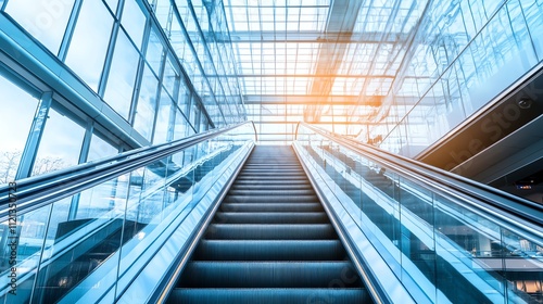 An escalator going up in a modern building with a glass roof.